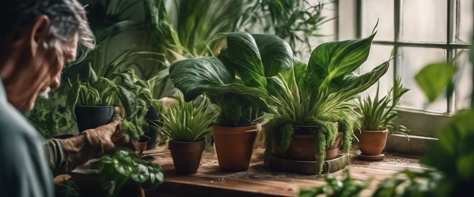 Gardener caring for rare houseplants