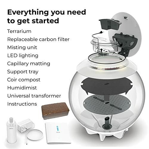 Complete terrarium kit with accessories including carbon filter, LED lighting, and humidimist.