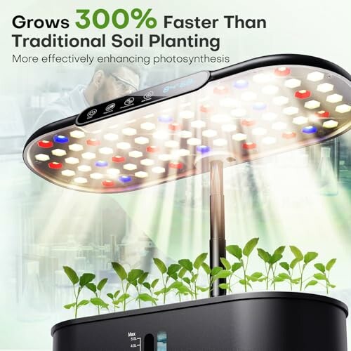 LED hydroponic garden light with plants growing underneath