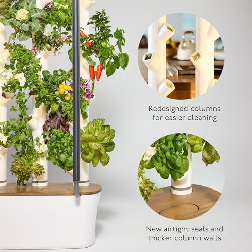 Indoor hydroponic garden with redesigned columns for easier cleaning and airtight seals.