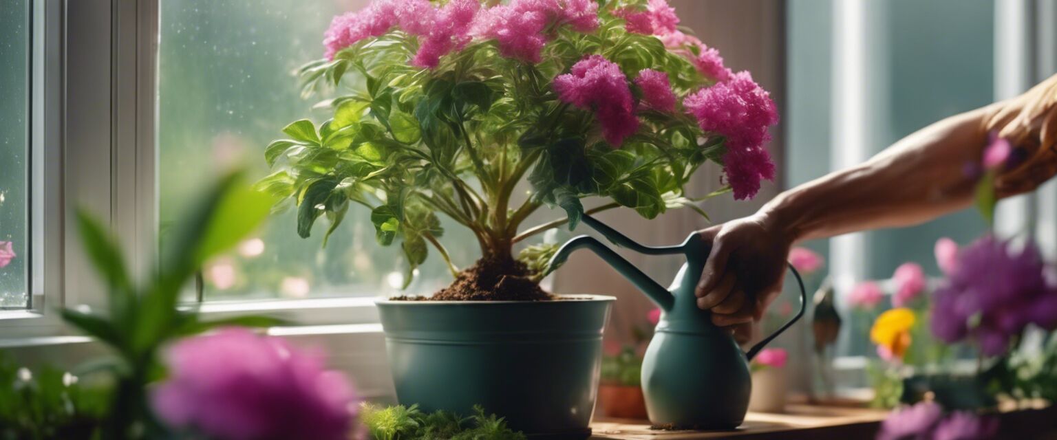 Gardener watering flowering indoor plants