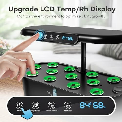 LCD display for monitoring plant growth with touch controls.