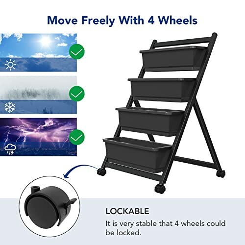 Black storage trolley with four wheels and lockable feature, suitable for various weather conditions.