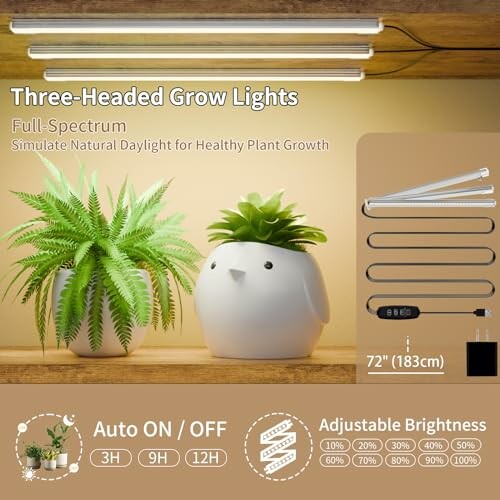 Three-headed grow lights for plant growth with adjustable brightness and auto timer.